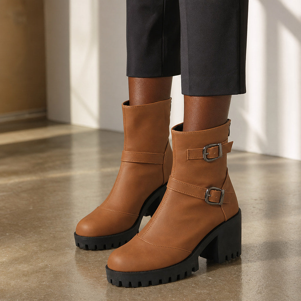 Women's Buckle Strap Ankle Boots, Moto Style Low Heel Booties Brown – Styled Editorial Shot, Detail