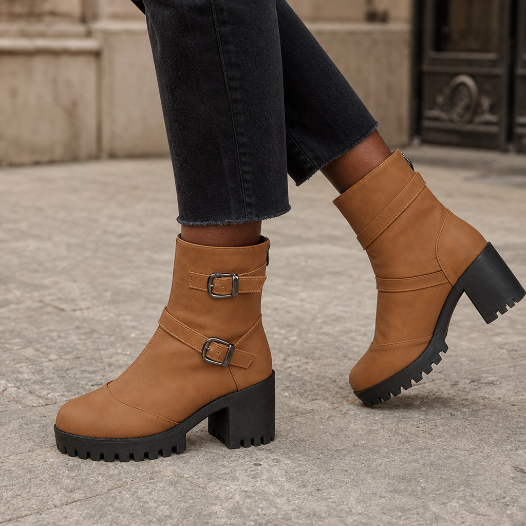 Women's Buckle Strap Ankle Boots, Moto Style Low Heel Booties Brown – Styled Editorial Shot