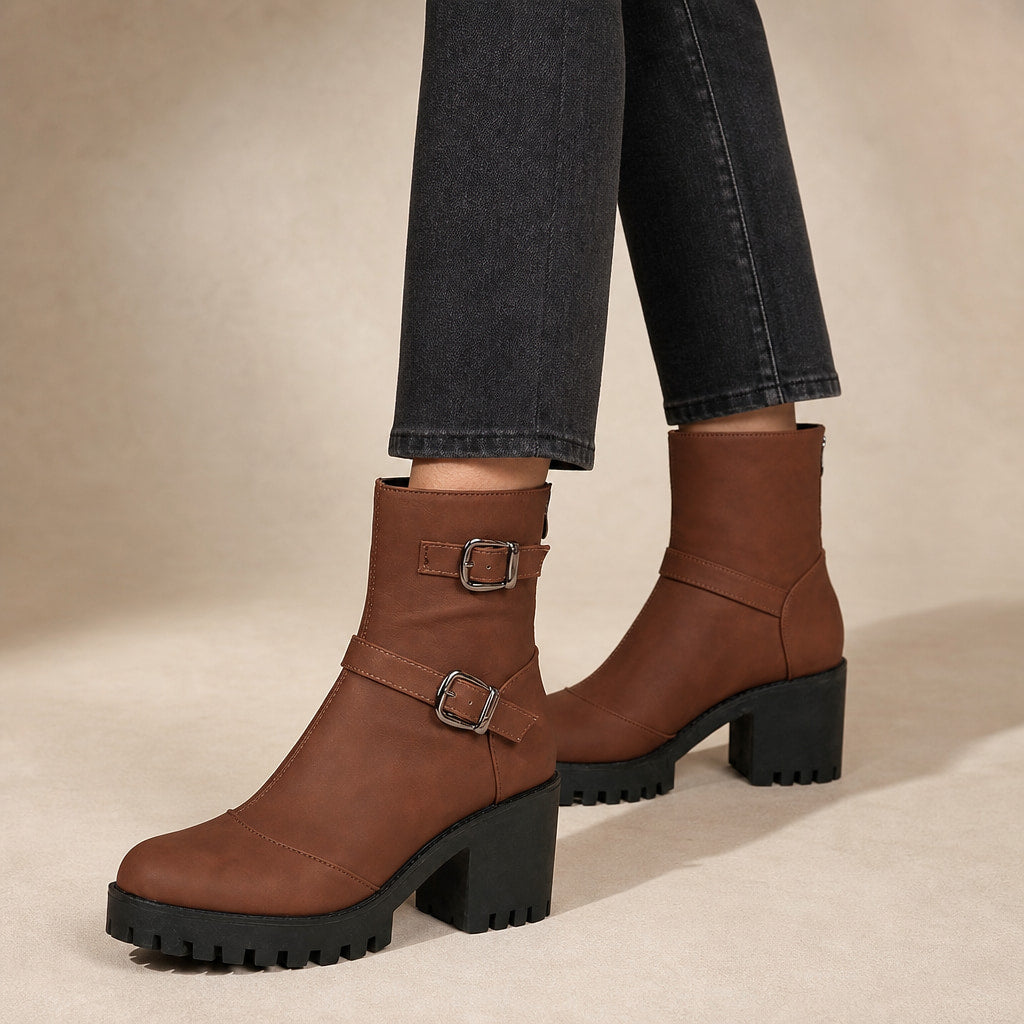 Women's Buckle Strap Ankle Boots, Moto Style Low Heel Booties Dark Brown – Product Photo