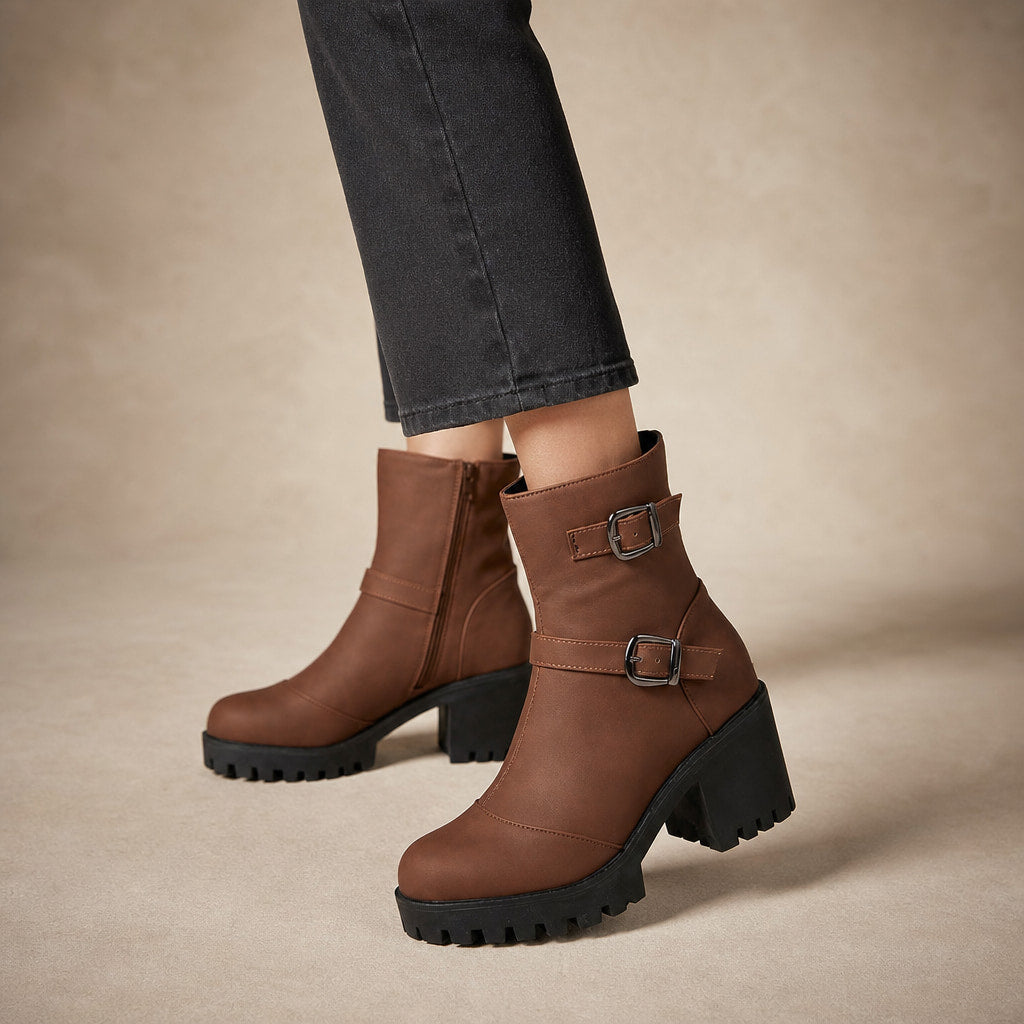 Women's Buckle Strap Ankle Boots, Moto Style Low Heel Booties in Dark Brown – Mampierimoda Premium Womenswear