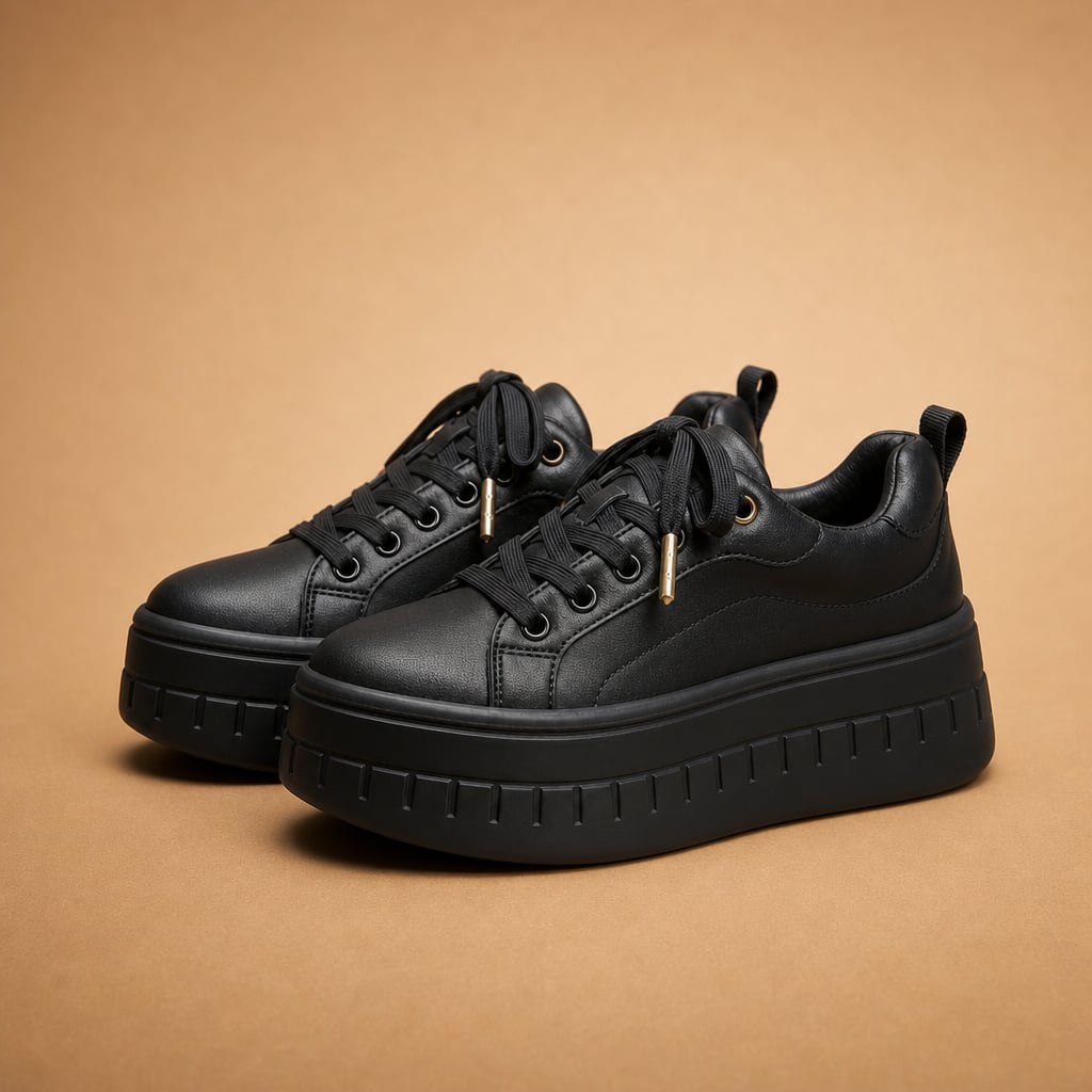 Women's Chunky Platform Lace-Up Sneakers with Thick Stacked Sole Black – Product Photo