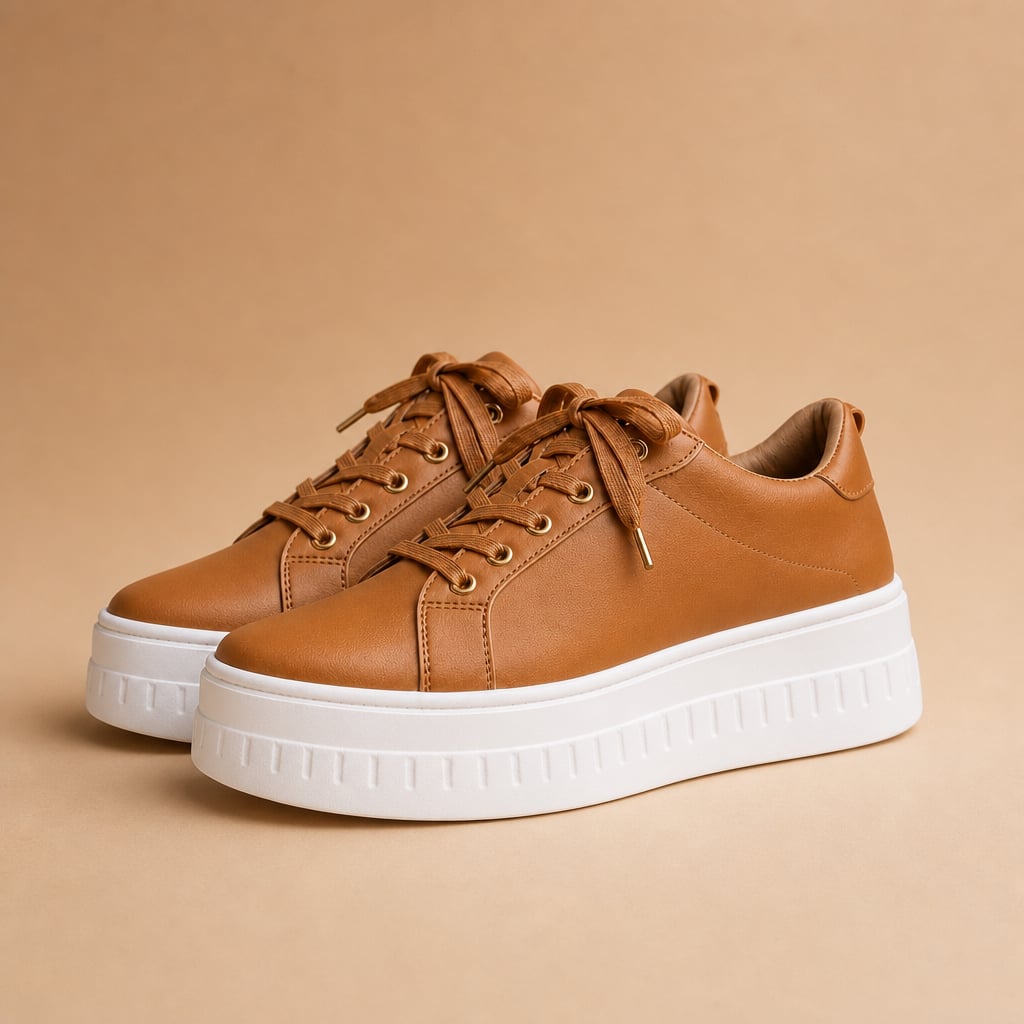 Women's Chunky Platform Lace-Up Sneakers with Thick Stacked Sole Cognac – Product Photo