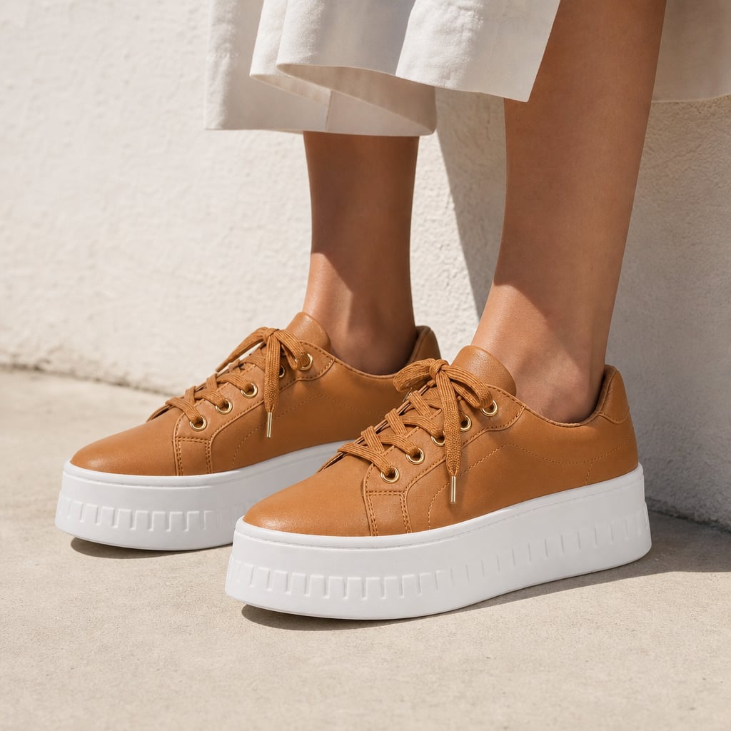 Women's Chunky Platform Lace-Up Sneakers with Thick Stacked Sole Tan – Side Angle View
