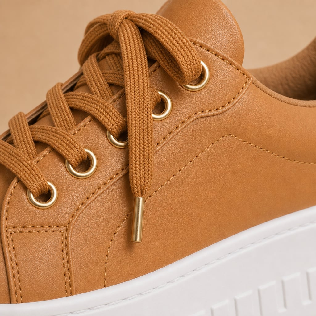 Women's Chunky Platform Lace-Up Sneakers with Thick Stacked Sole Tan – Fabric and Detail Close-Up