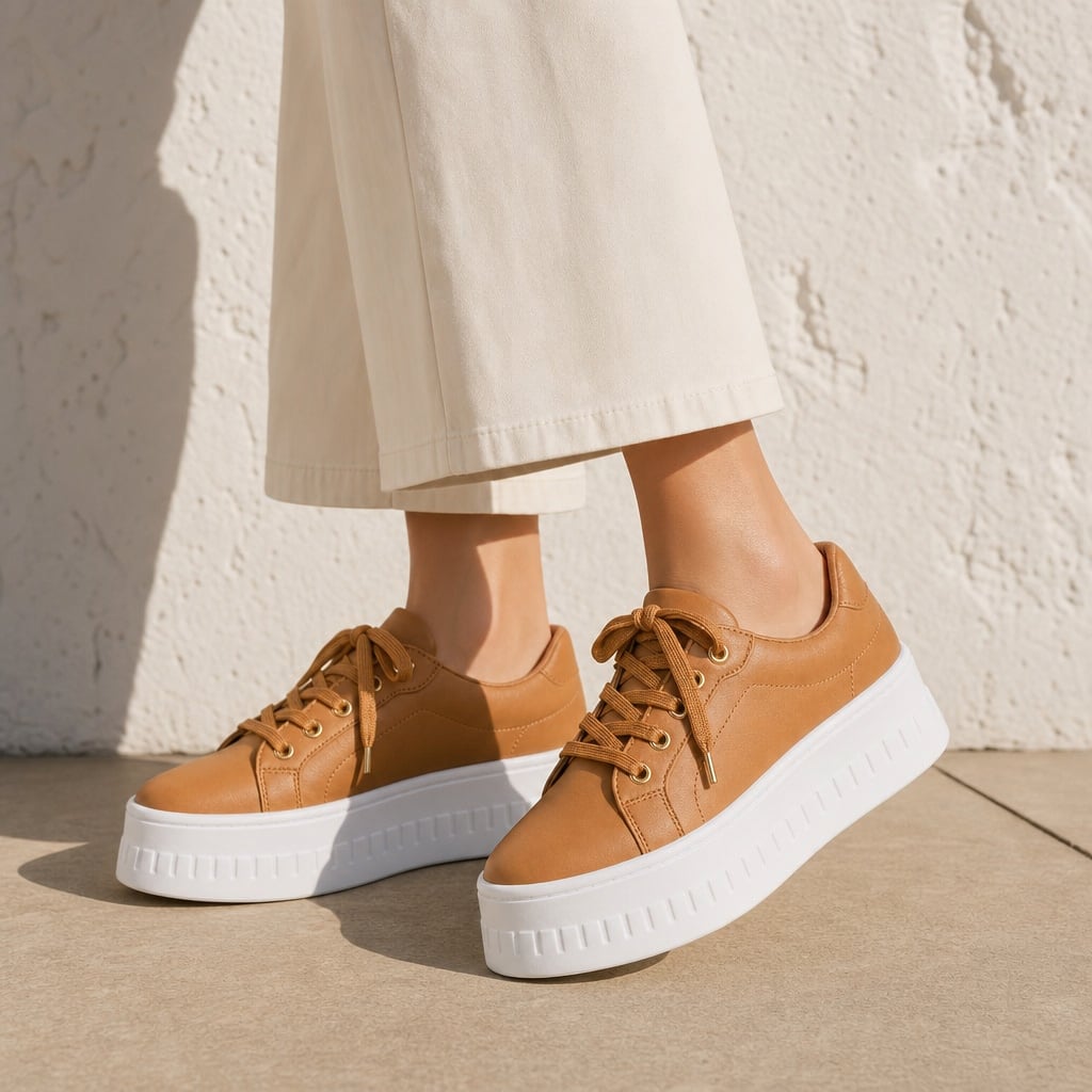Women's Chunky Platform Lace-Up Sneakers with Thick Stacked Sole Tan – Full Look