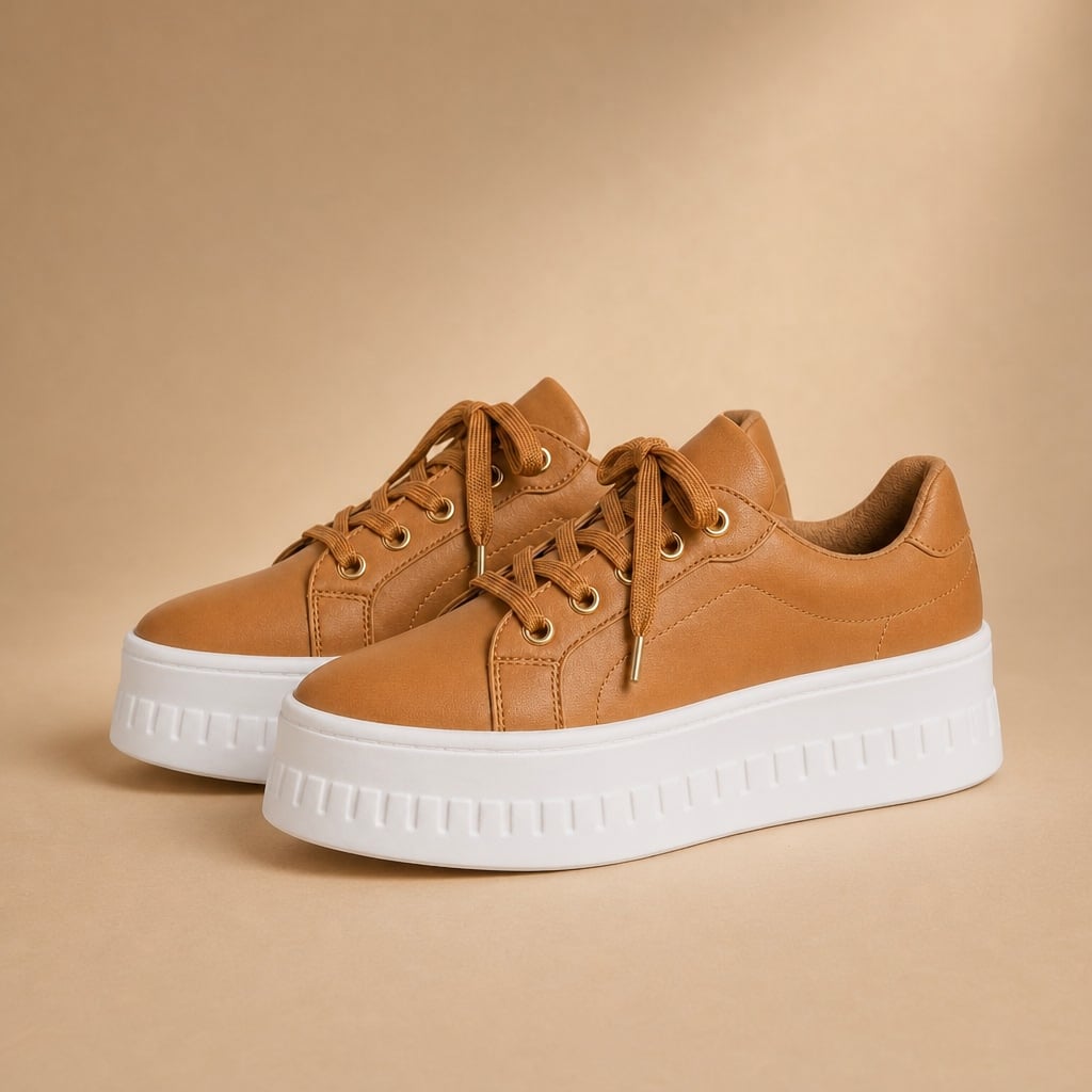 Women's Chunky Platform Lace-Up Sneakers with Thick Stacked Sole Tan – Product Photo