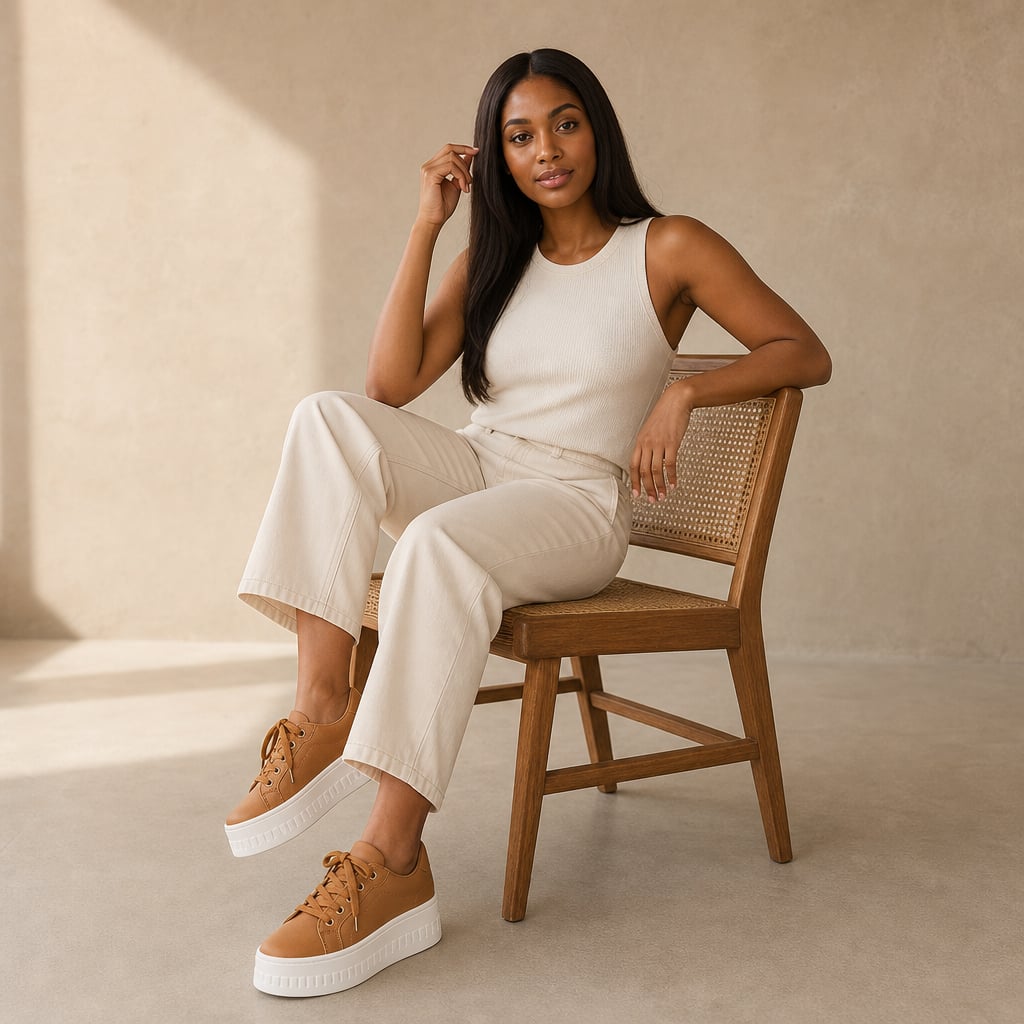Women's Chunky Platform Lace-Up Sneakers with Thick Stacked Sole Tan – Styled Editorial Shot