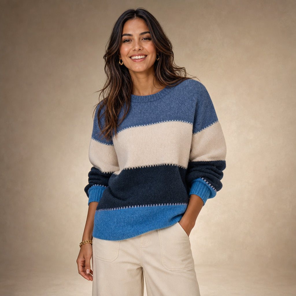 Women’s Color Block Crew Neck Sweater in Blue Gray – Mampierimoda Premium Womenswear