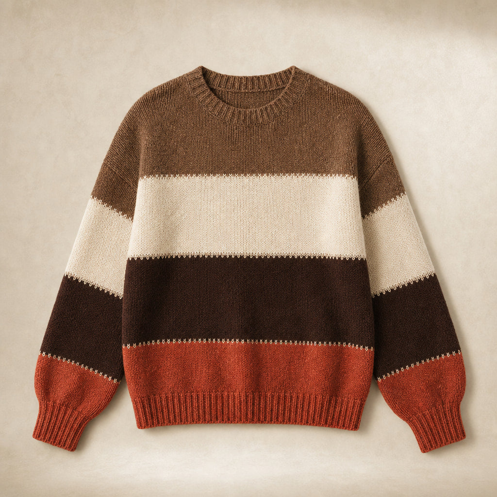 Women’s Color Block Crew Neck Sweater Brown Rust – Product Photo