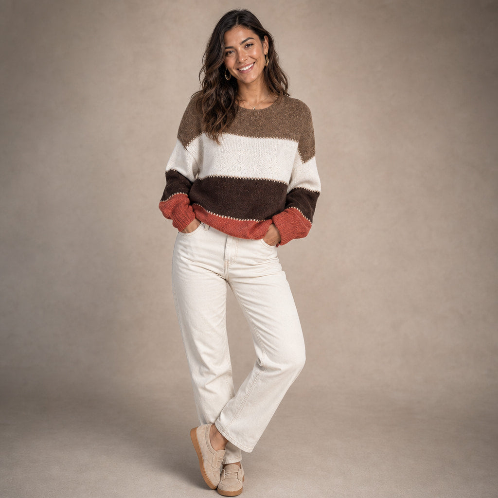 Women’s Color Block Crew Neck Sweater in Brown Rust – Mampierimoda Premium Womenswear