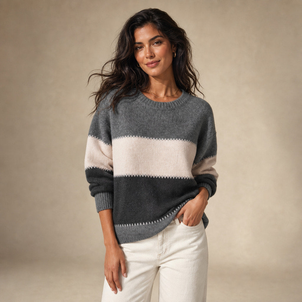 Women’s Color Block Crew Neck Sweater in Gray Charcoal – Mampierimoda Premium Womenswear
