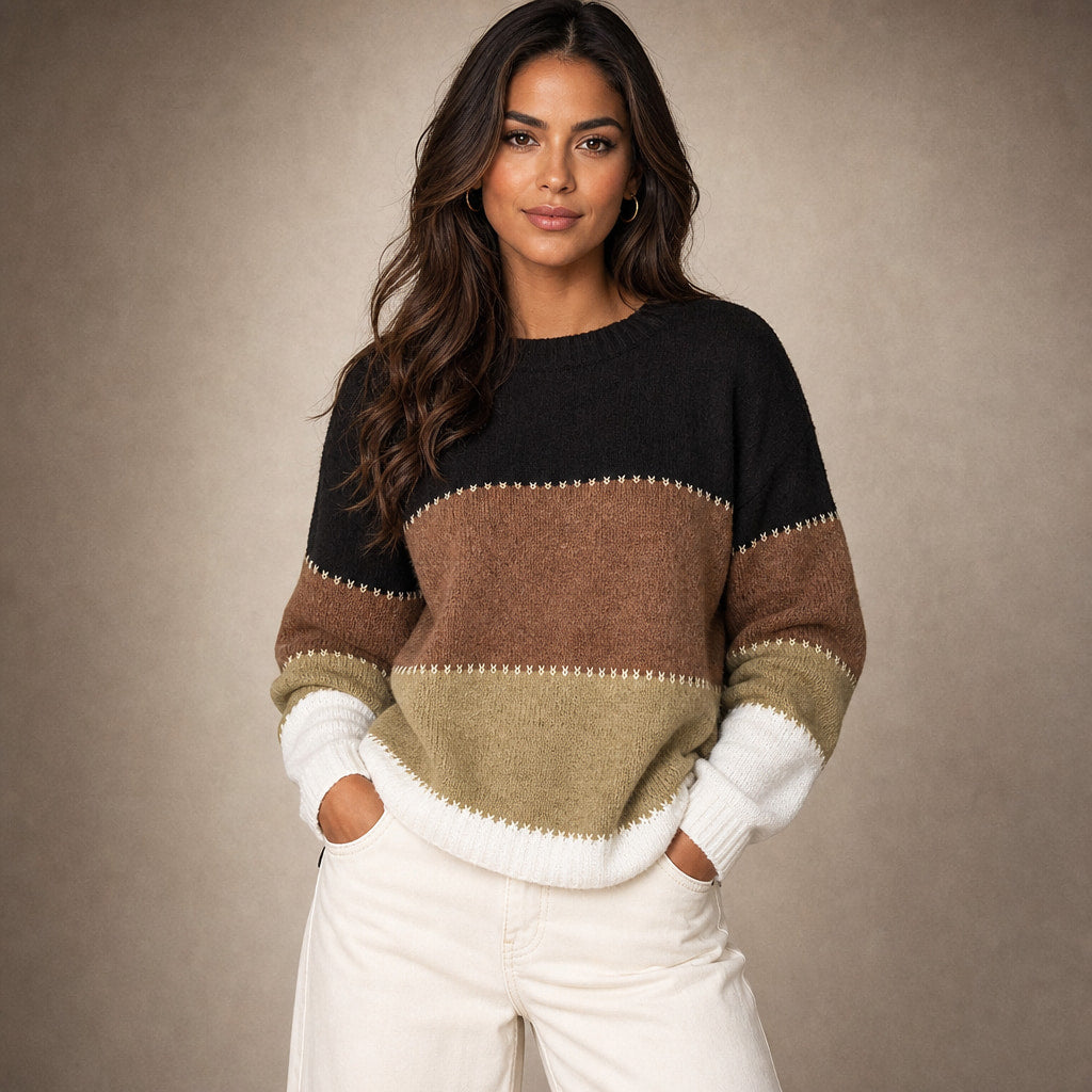 Women’s Color Block Crew Neck Sweater in Mocha Beige – Mampierimoda Premium Womenswear