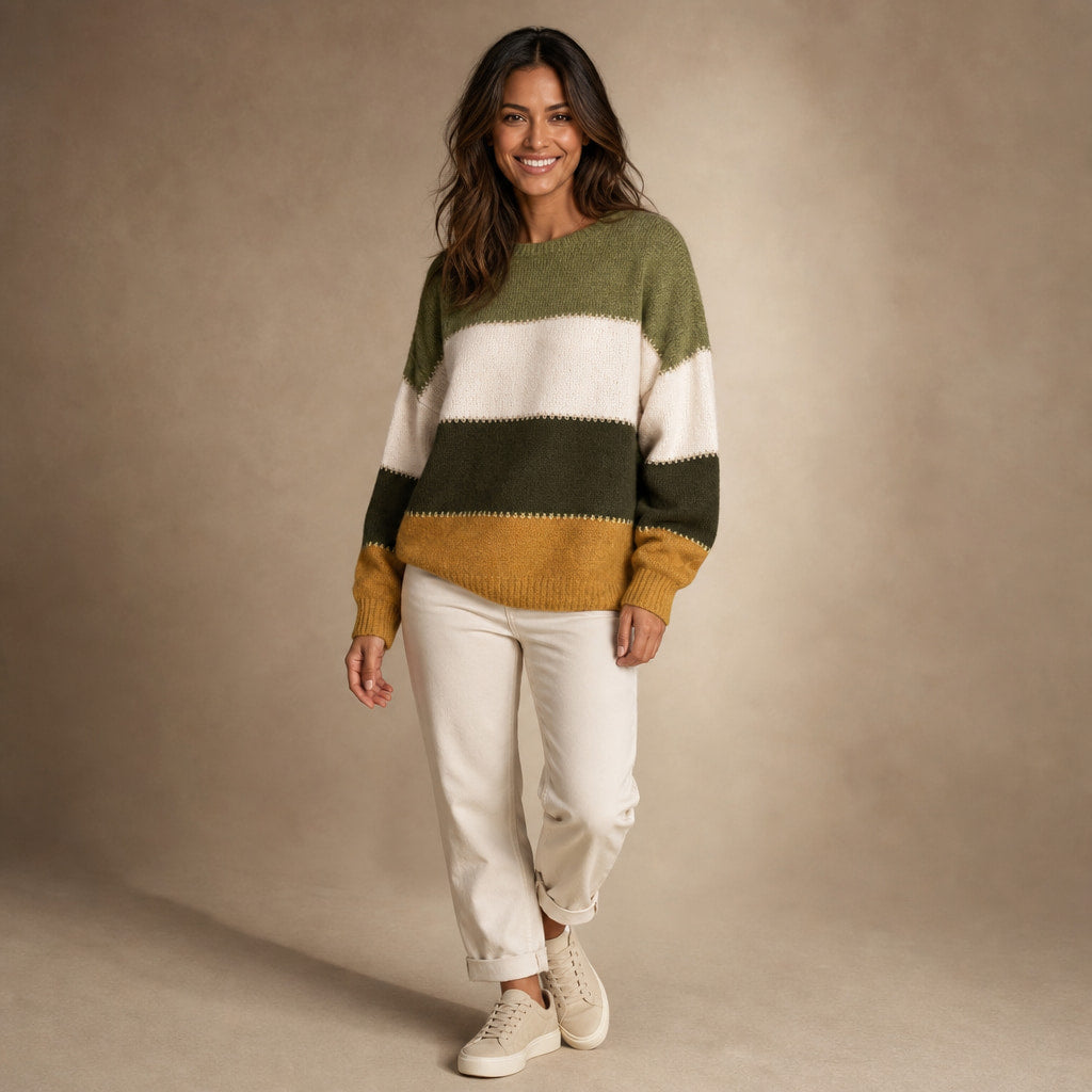 Women’s Color Block Crew Neck Sweater Olive Mustard – Side Angle View