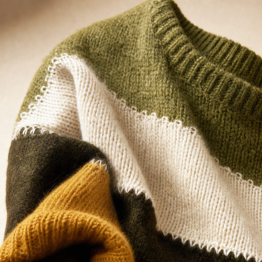 Women’s Color Block Crew Neck Sweater Olive Mustard – Fabric and Detail Close-Up