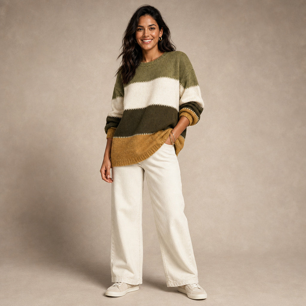 Women’s Color Block Crew Neck Sweater Olive Mustard – Full Look