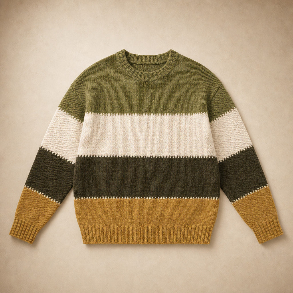Women’s Color Block Crew Neck Sweater Olive Mustard – Product Photo