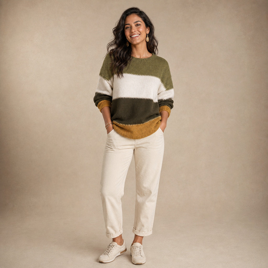 Women’s Color Block Crew Neck Sweater in Olive Mustard – Mampierimoda Premium Womenswear