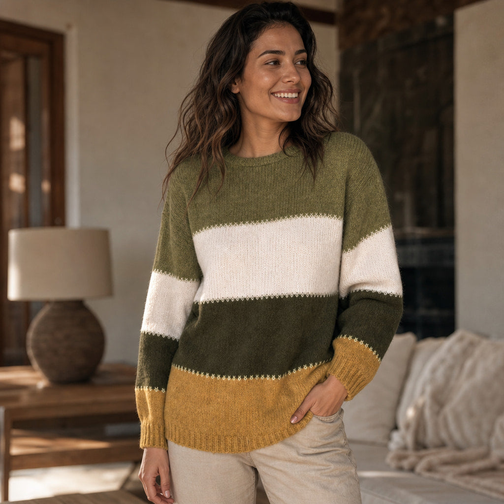 Women’s Color Block Crew Neck Sweater Olive Mustard – Styled Editorial Shot