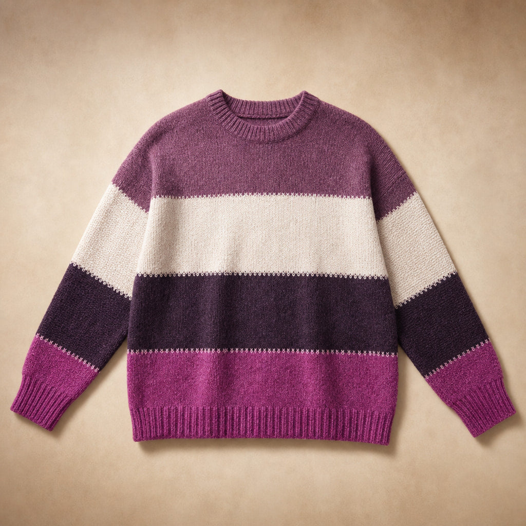 Women’s Color Block Crew Neck Sweater Purple Berry – Product Photo