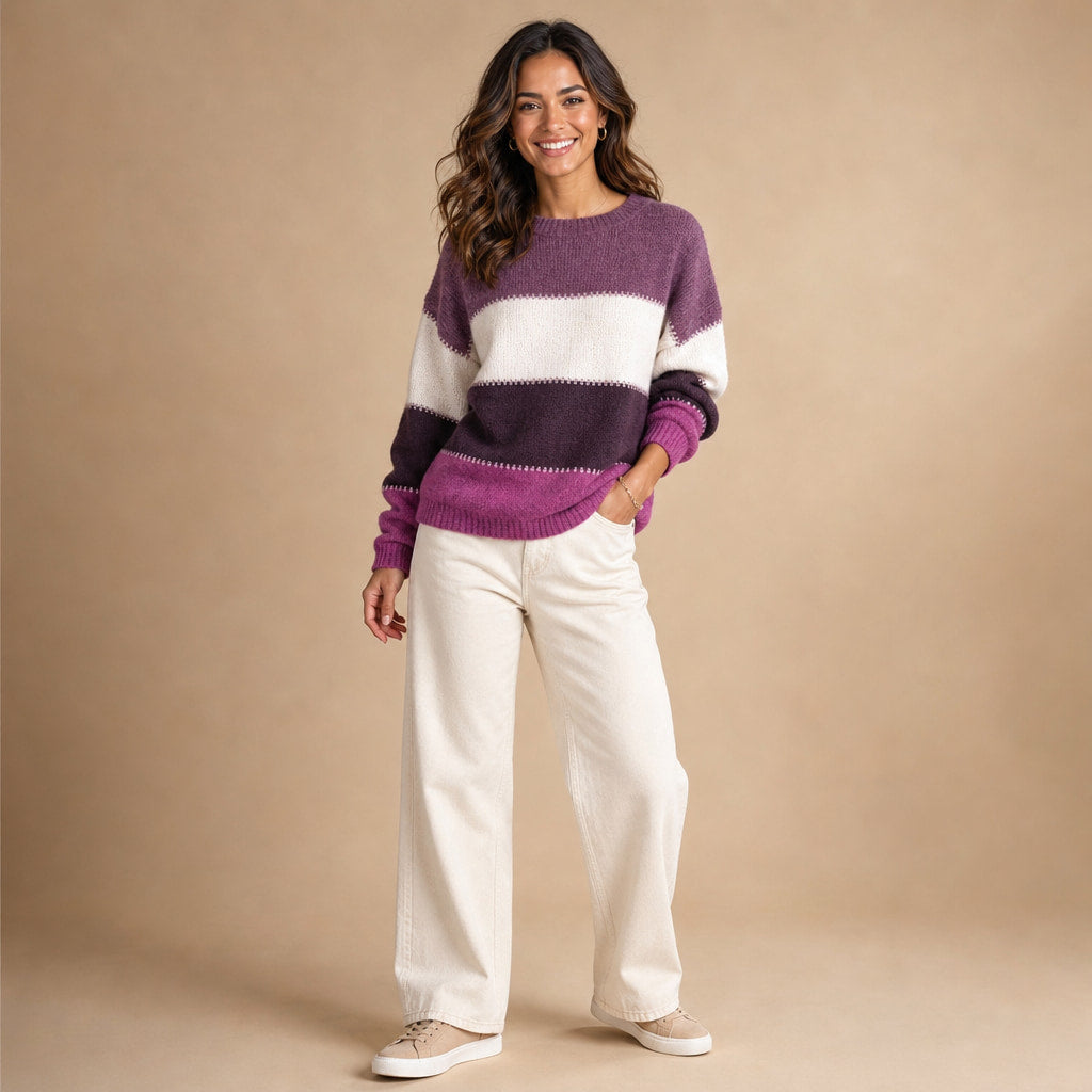 Women’s Color Block Crew Neck Sweater in Purple Berry – Mampierimoda Premium Womenswear