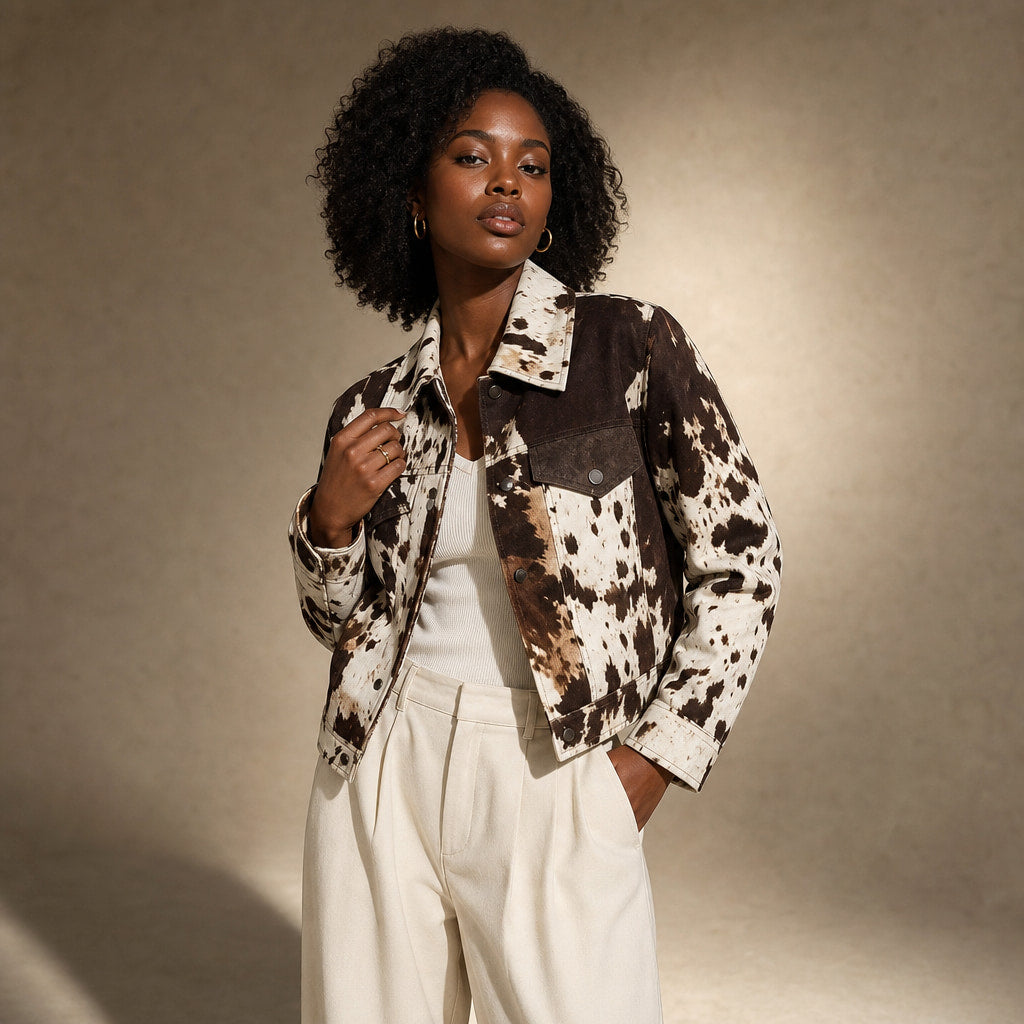 Women's Cow Print Pattern Statement Jacket Multicolor – Side Angle View