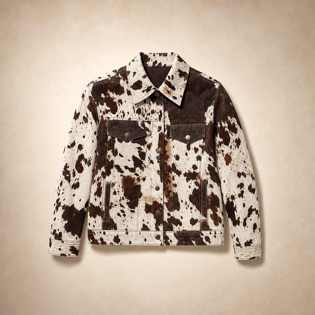 Women's Cow Print Pattern Statement Jacket Multicolor – Flat Lay Product Photo