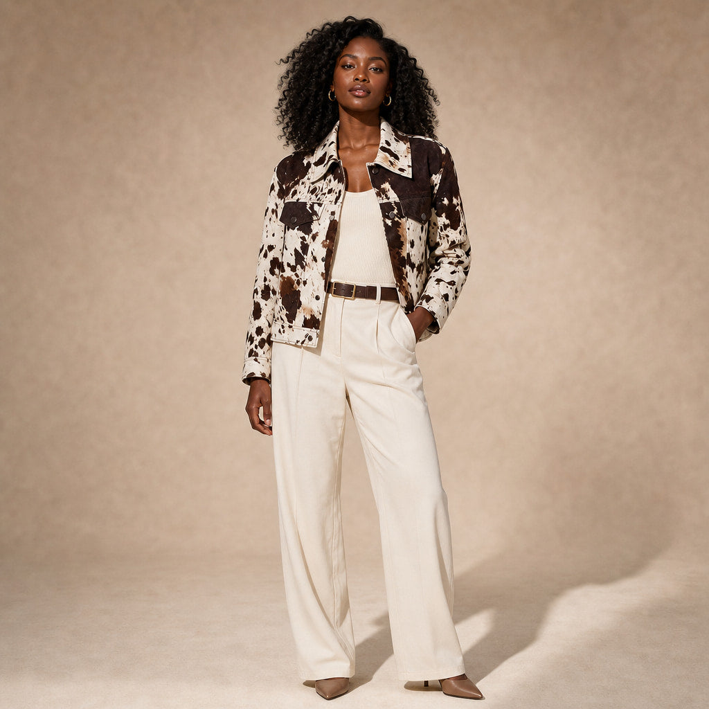Women's Cow Print Pattern Statement Jacket Multicolor – Full Look