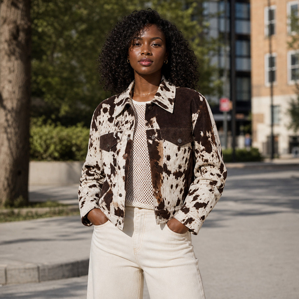 Women's Cow Print Pattern Statement Jacket Multicolor – Styled Editorial Shot