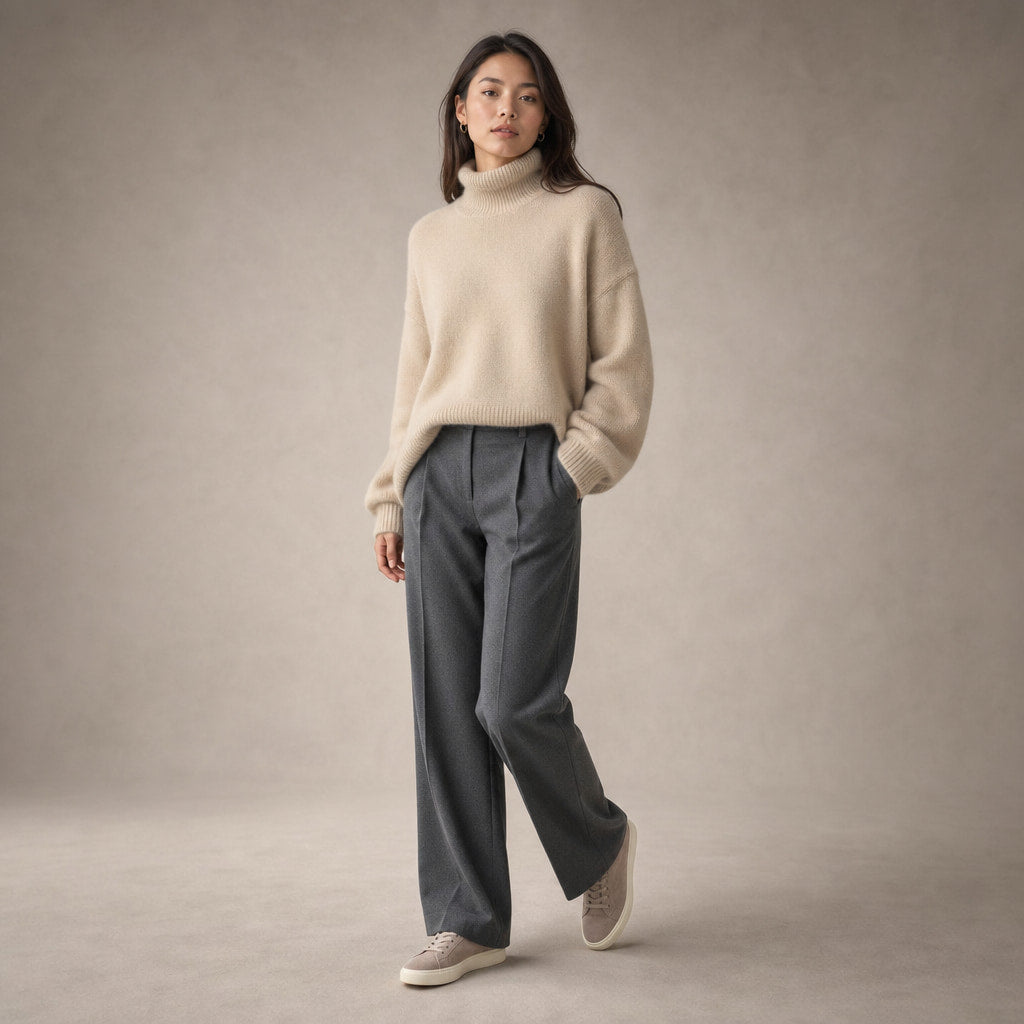 Women’s Cozy Oversized Turtleneck Sweater Beige – Side Angle View