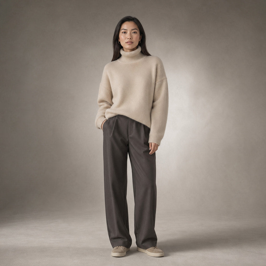 Women’s Cozy Oversized Turtleneck Sweater Beige – Full Look