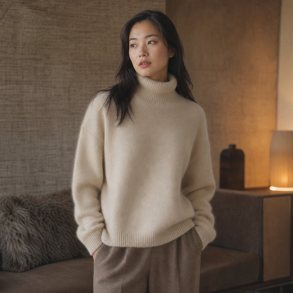 Women’s Cozy Oversized Turtleneck Sweater Beige – Styled Editorial Shot