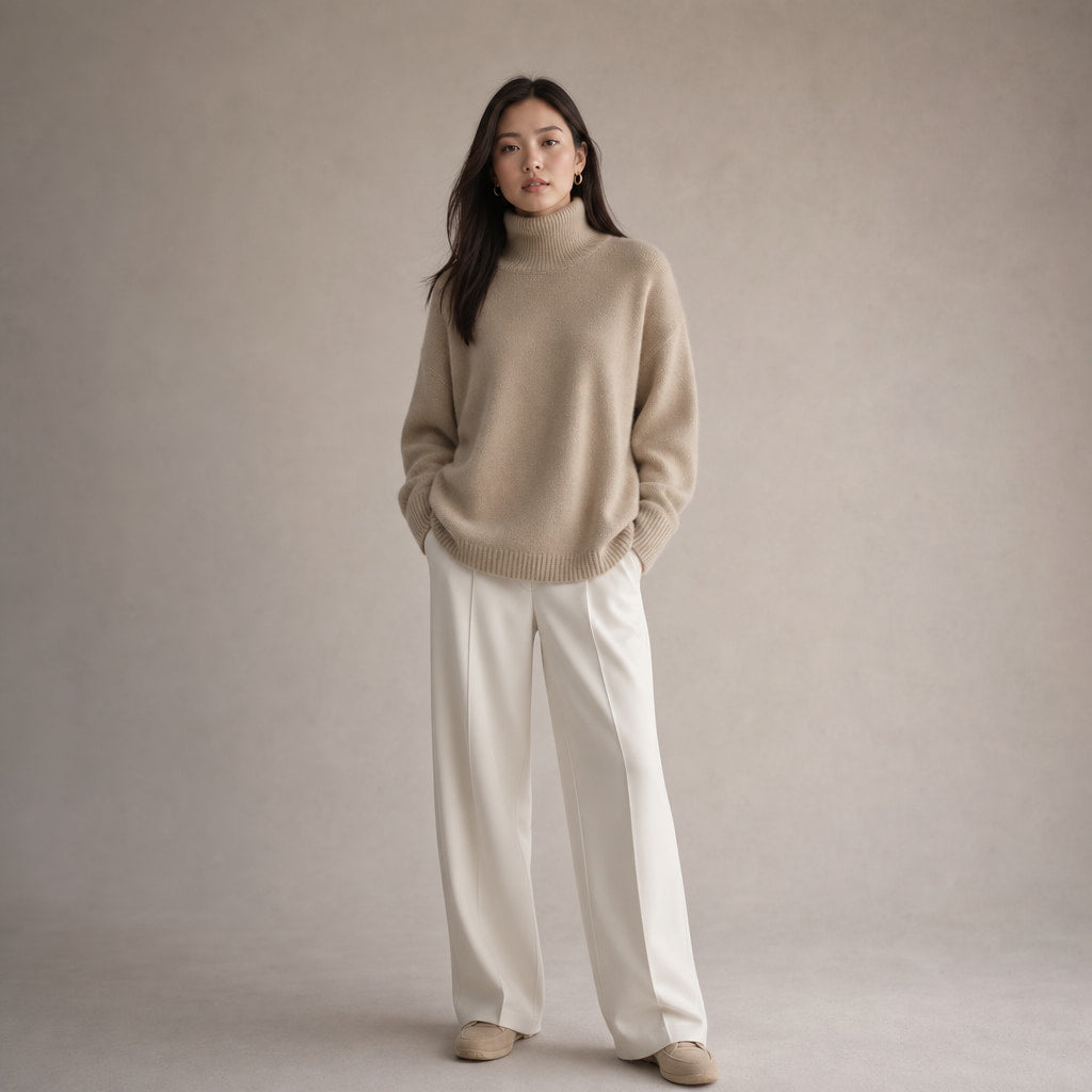 Women’s Cozy Oversized Turtleneck Sweater in Khaki – Mampierimoda Premium Womenswear