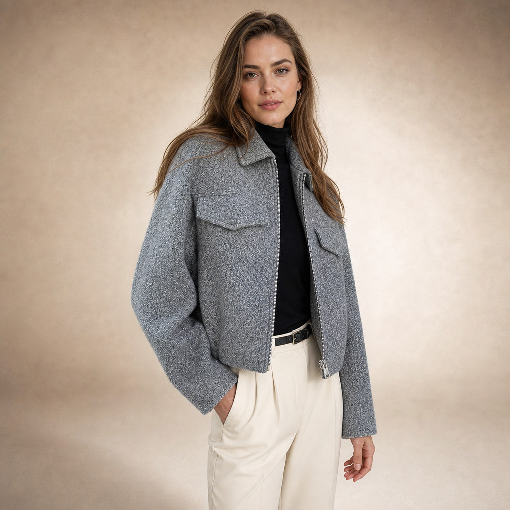 Women's Cropped Boucle Jacket Grey – Side Angle View