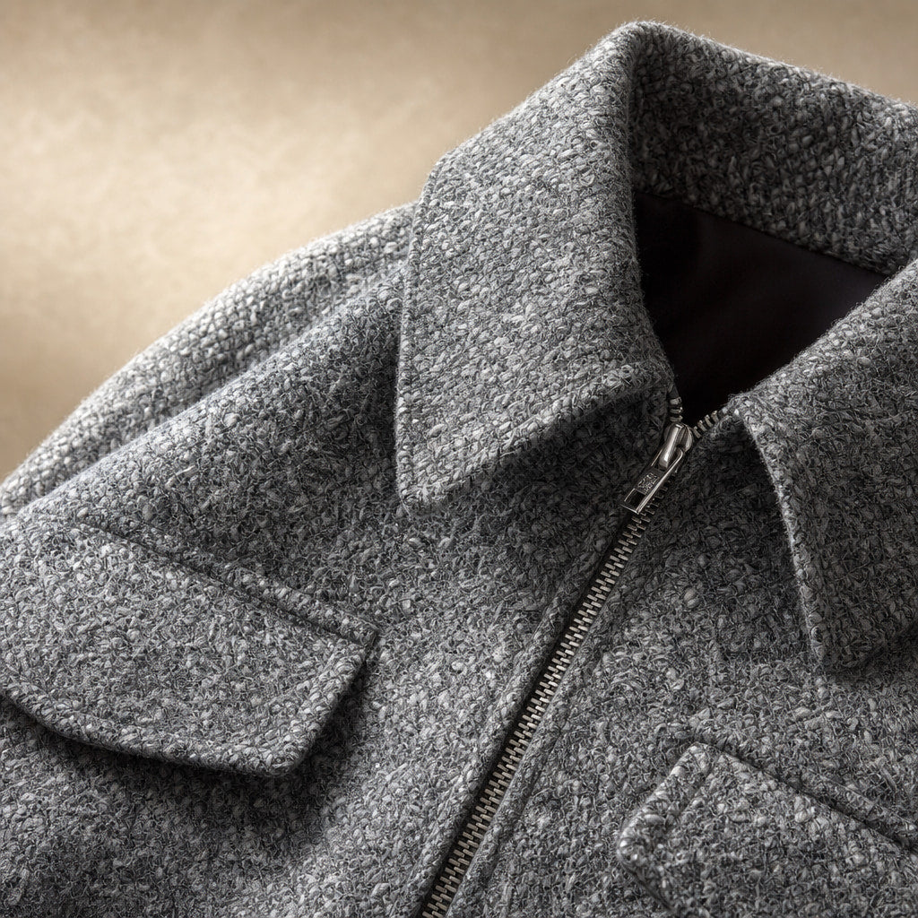Women's Cropped Boucle Jacket Grey – Fabric and Detail Close-Up