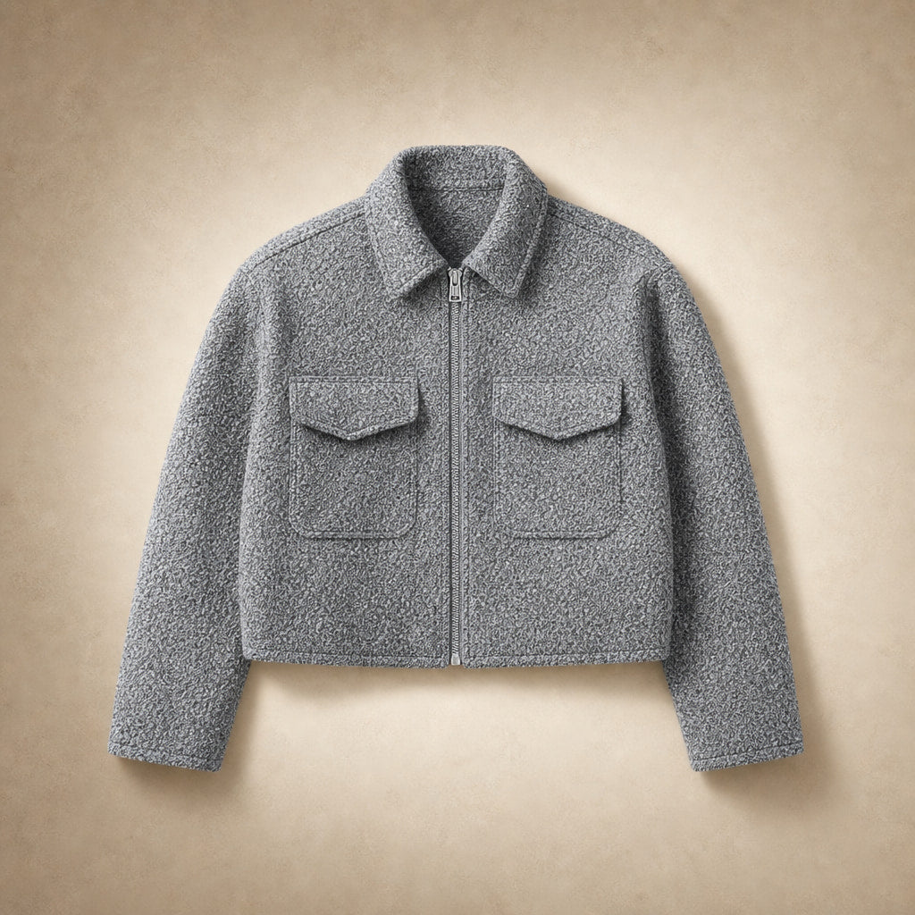 Women's Cropped Boucle Jacket Grey – Flat Lay Product Photo