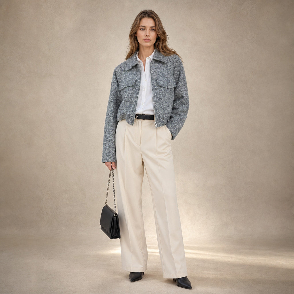 Women's Cropped Boucle Jacket Grey – Full Look