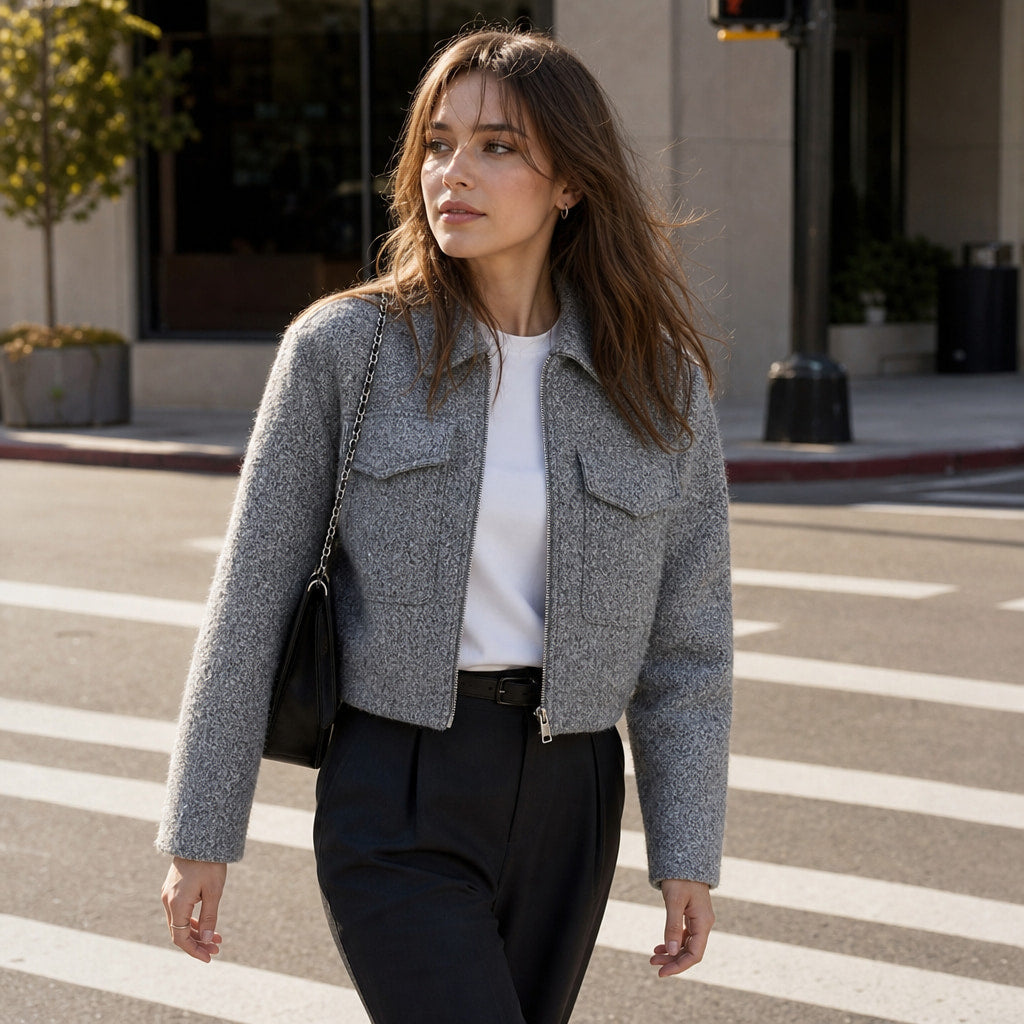 Women's Cropped Boucle Jacket Grey – Styled Editorial Shot