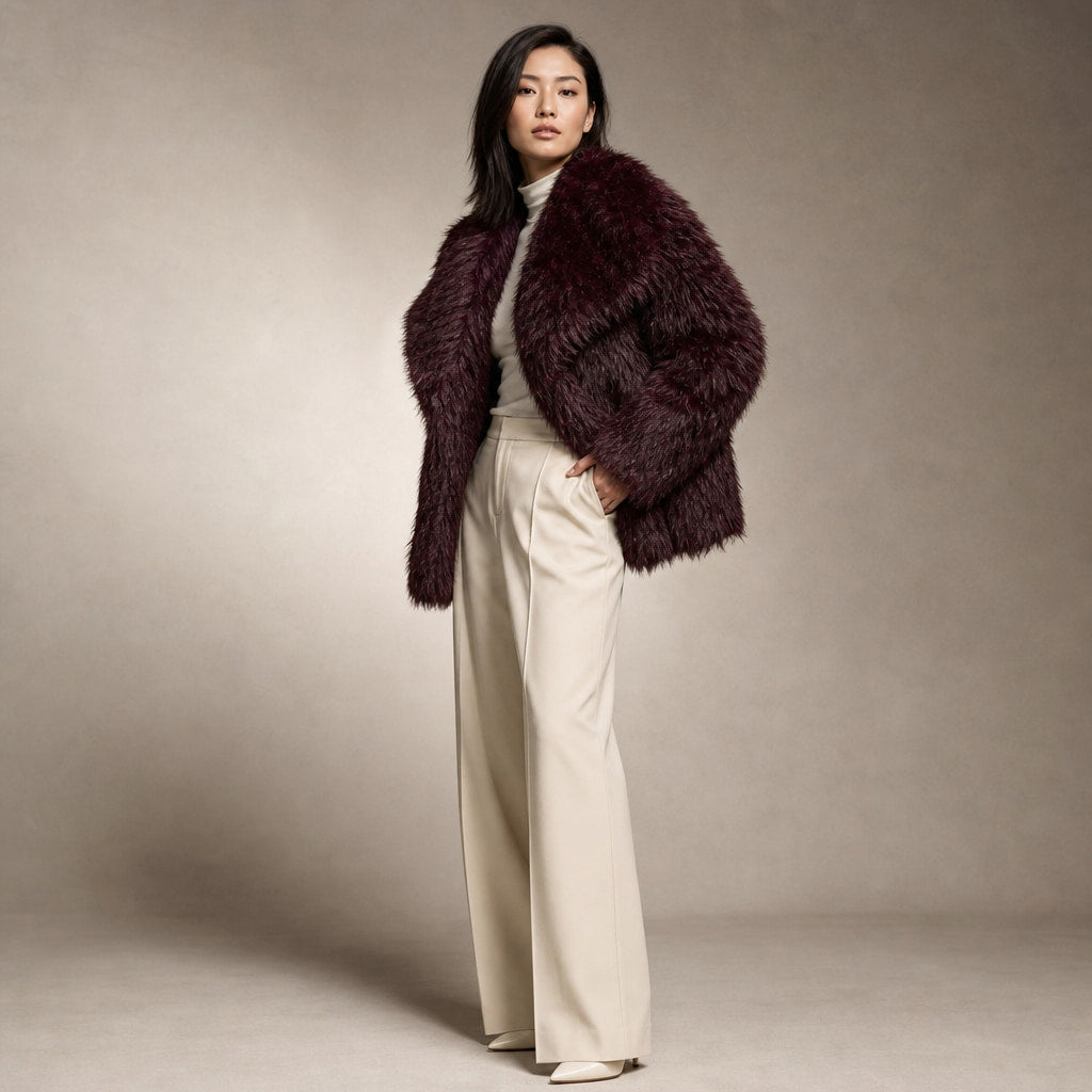 Women's Cropped Faux Fur Coat Burgundy – Side Angle View