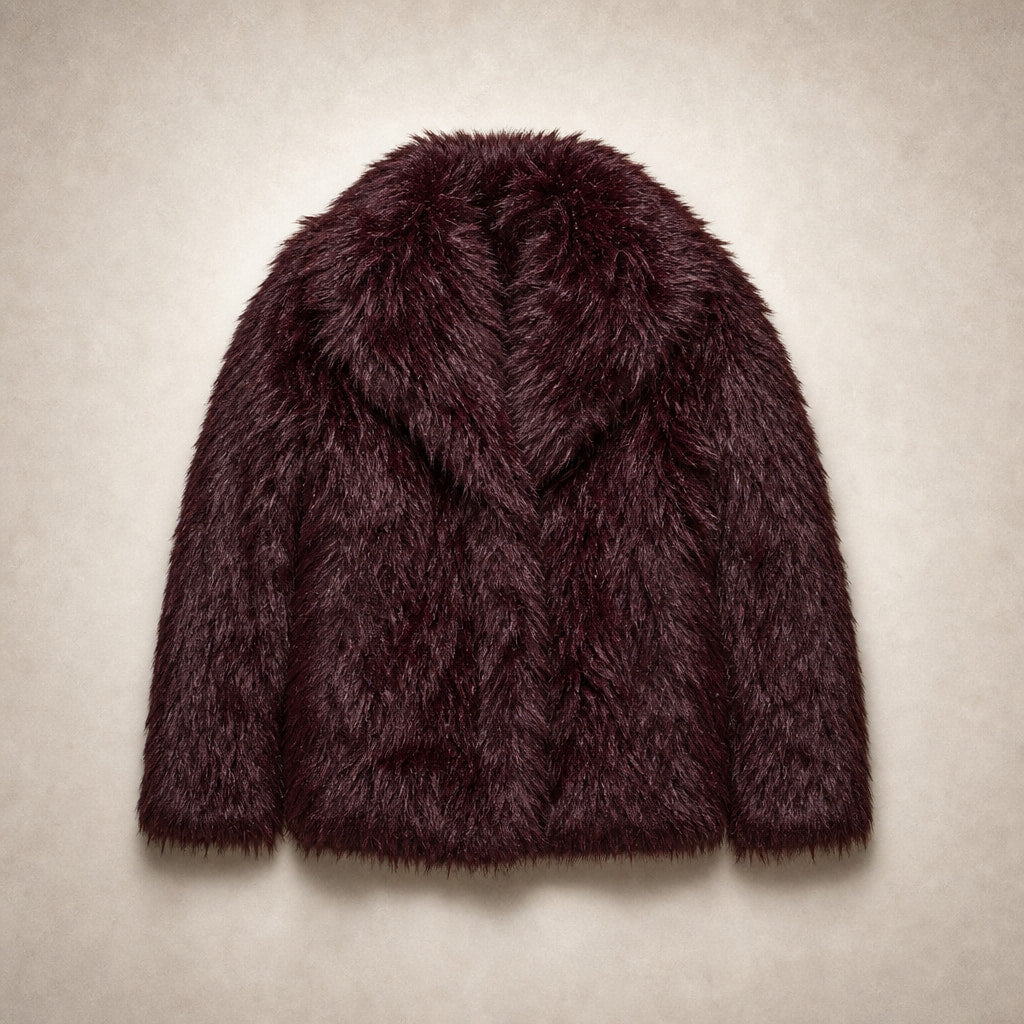 Women's Cropped Faux Fur Coat Burgundy – Flat Lay Product Photo