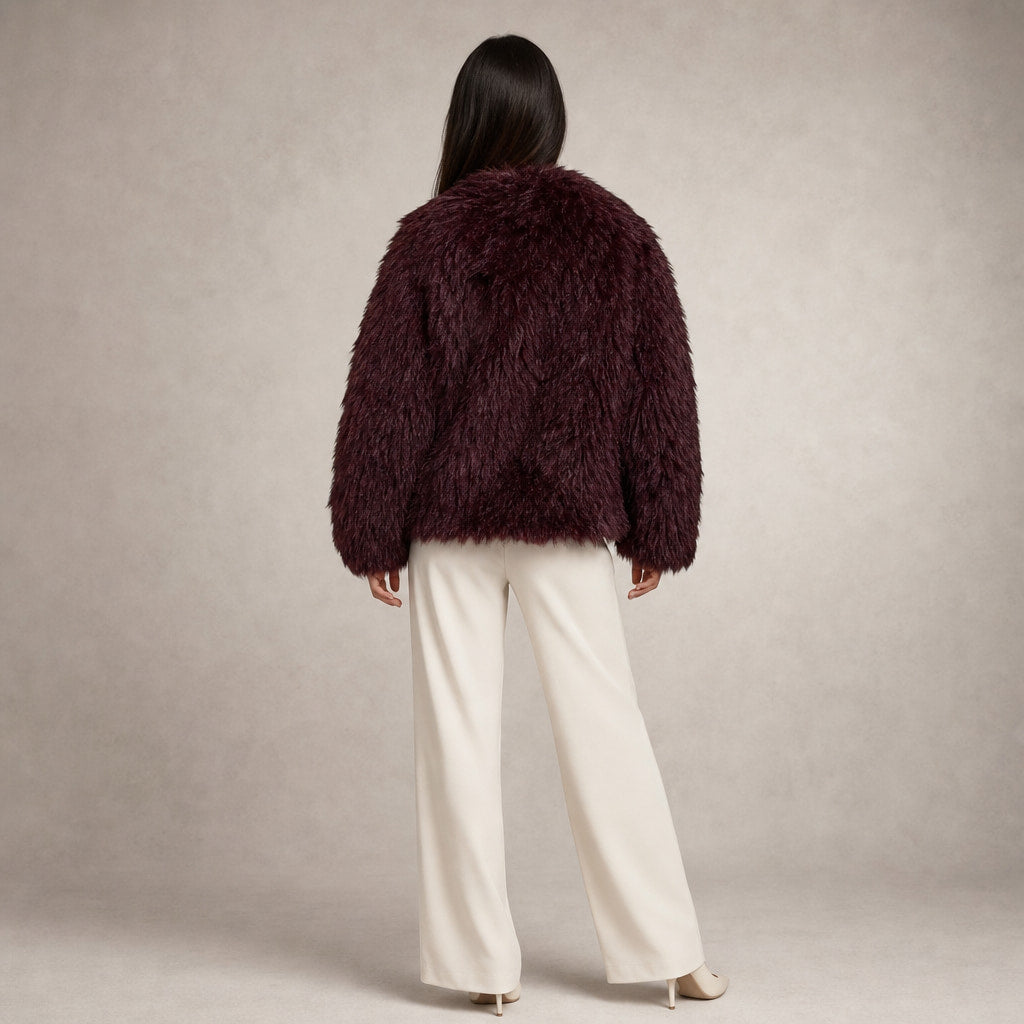 Women's Cropped Faux Fur Coat Burgundy – Full Look
