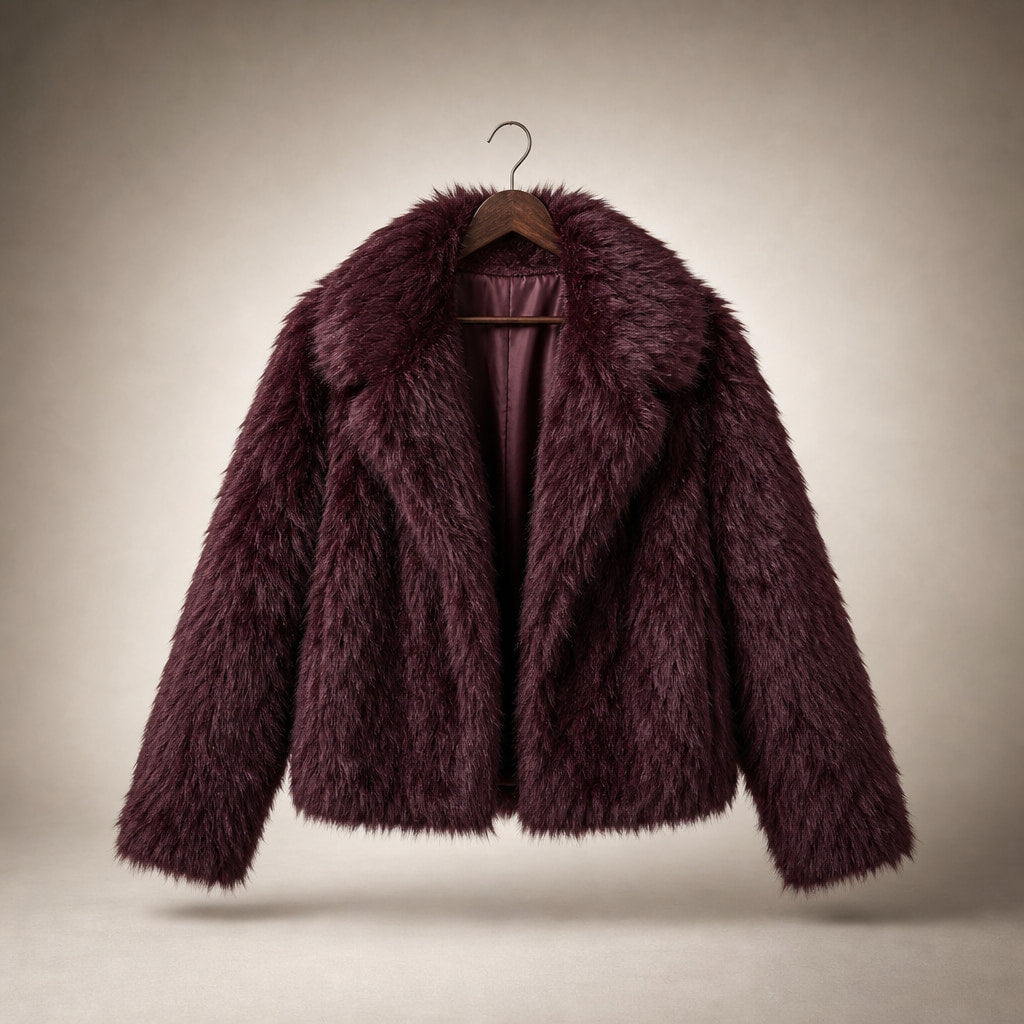Women's Cropped Faux Fur Coat Burgundy – Product Photo