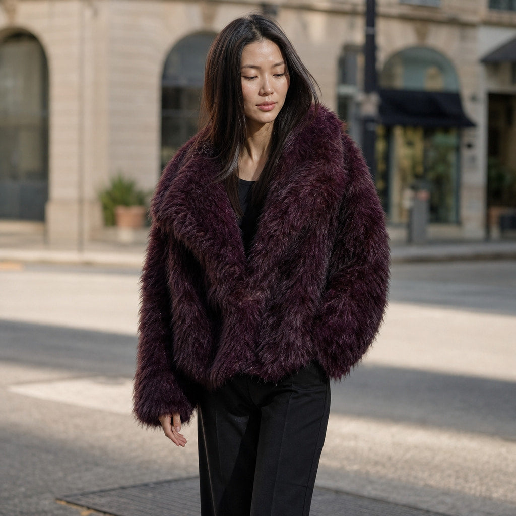 Women's Cropped Faux Fur Coat Burgundy – Styled Editorial Shot