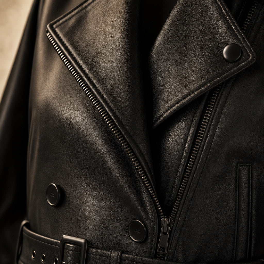 Women's Cropped Faux Leather Trench Jacket Black – Fabric and Detail Close-Up