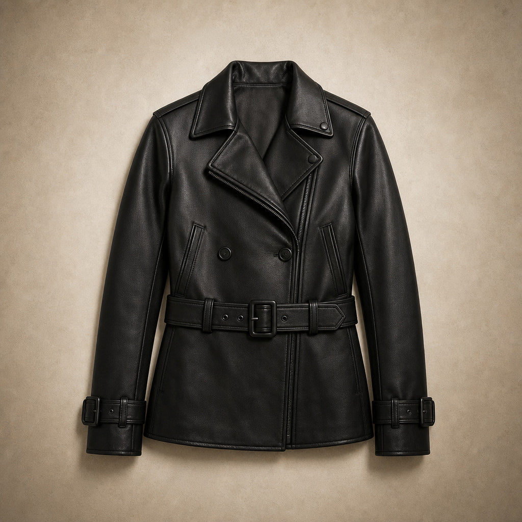 Women's Cropped Faux Leather Trench Jacket Black – Flat Lay Product Photo