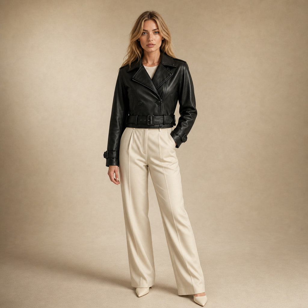 Women's Cropped Faux Leather Trench Jacket Black – Full Look