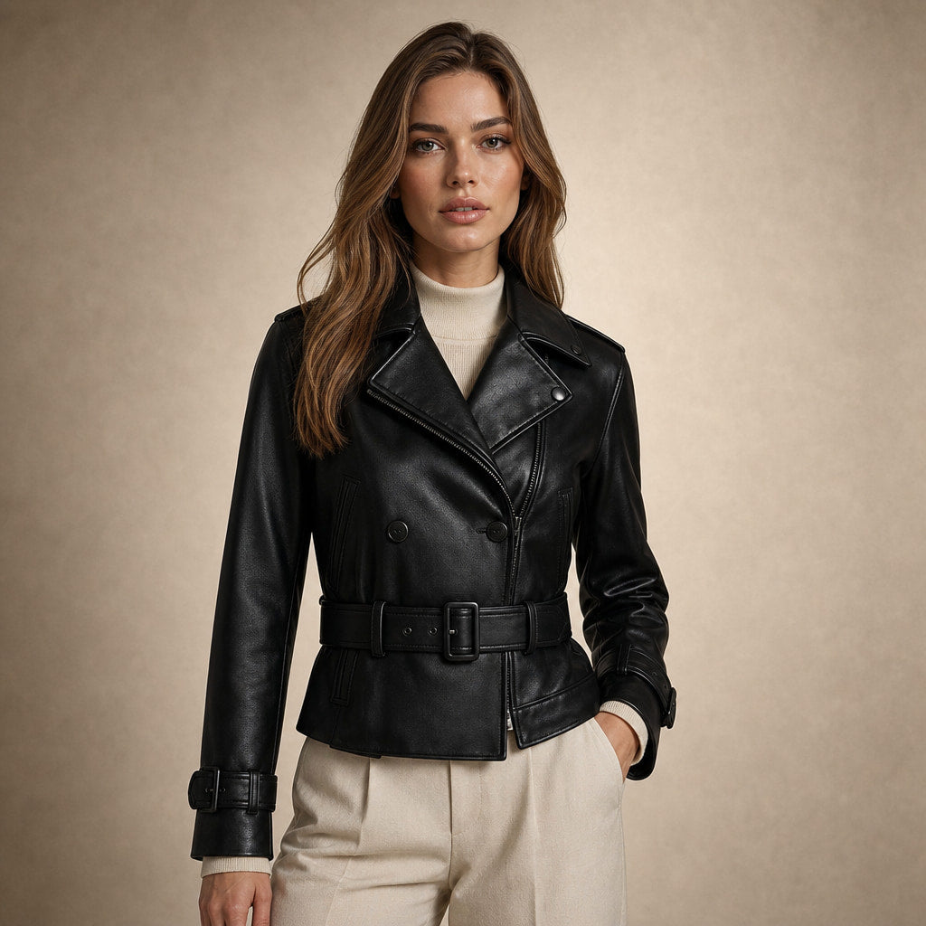Women's Cropped Faux Leather Trench Jacket in Black – Mampierimoda Premium Womenswear