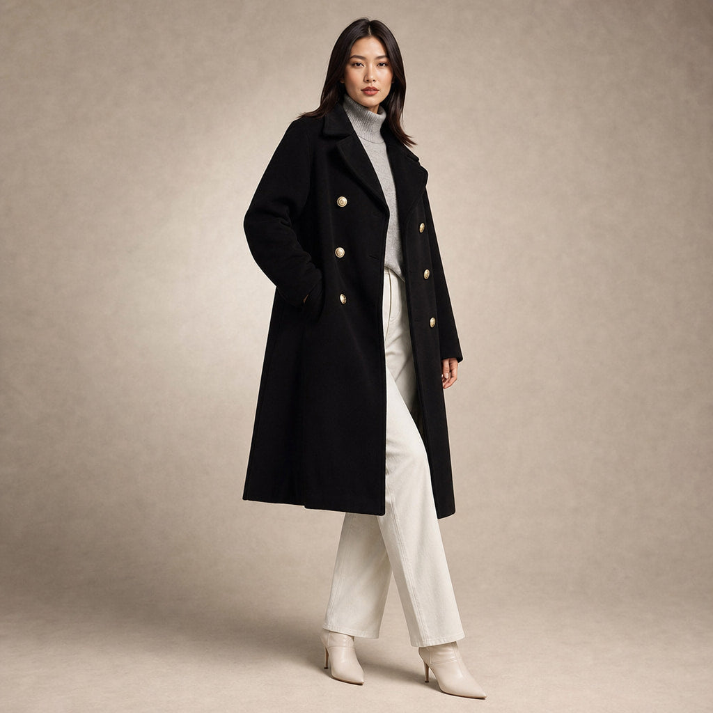 Women's Double-breasted Long Wool Coat Black – Side Angle View