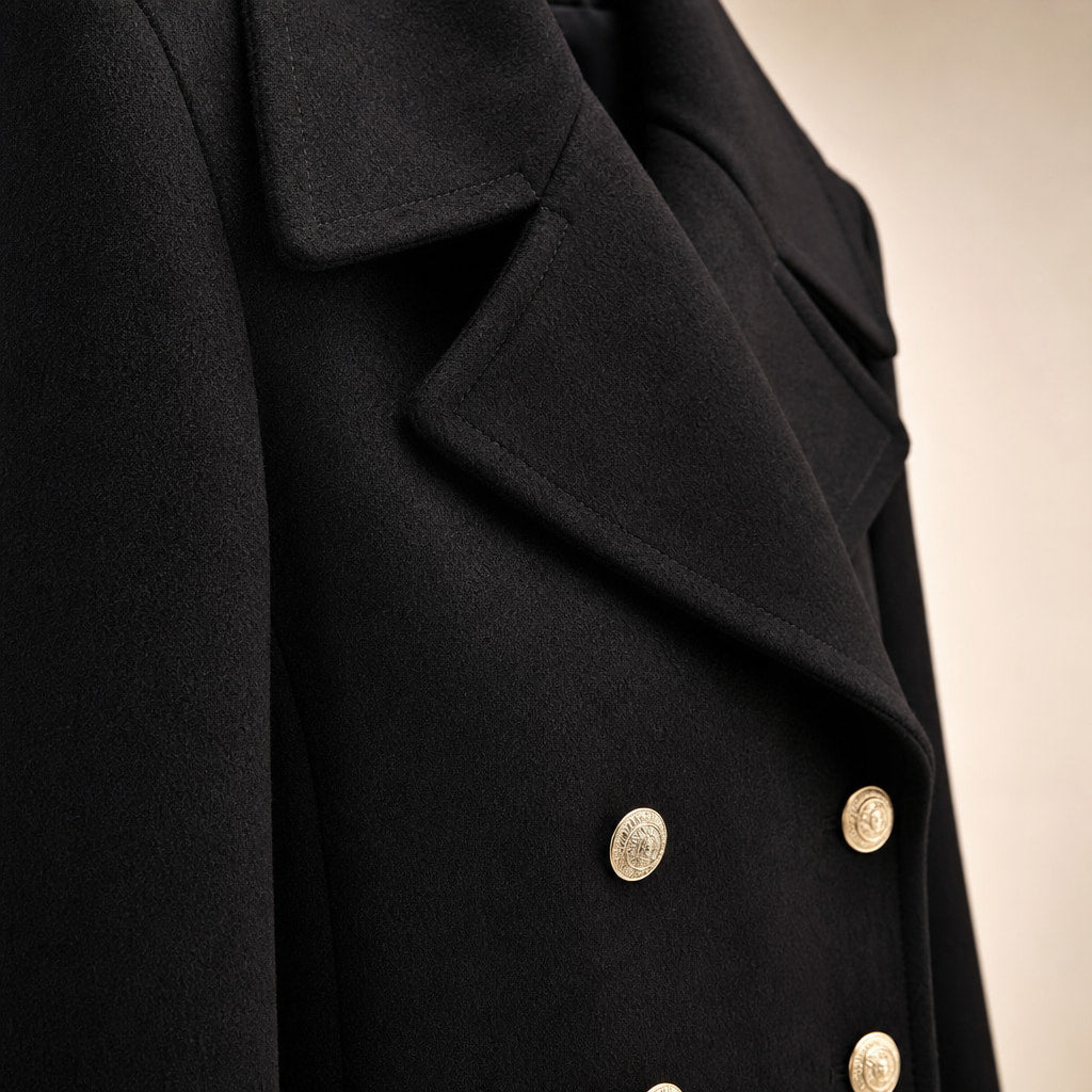 Women's Double-breasted Long Wool Coat Black – Fabric and Detail Close-Up