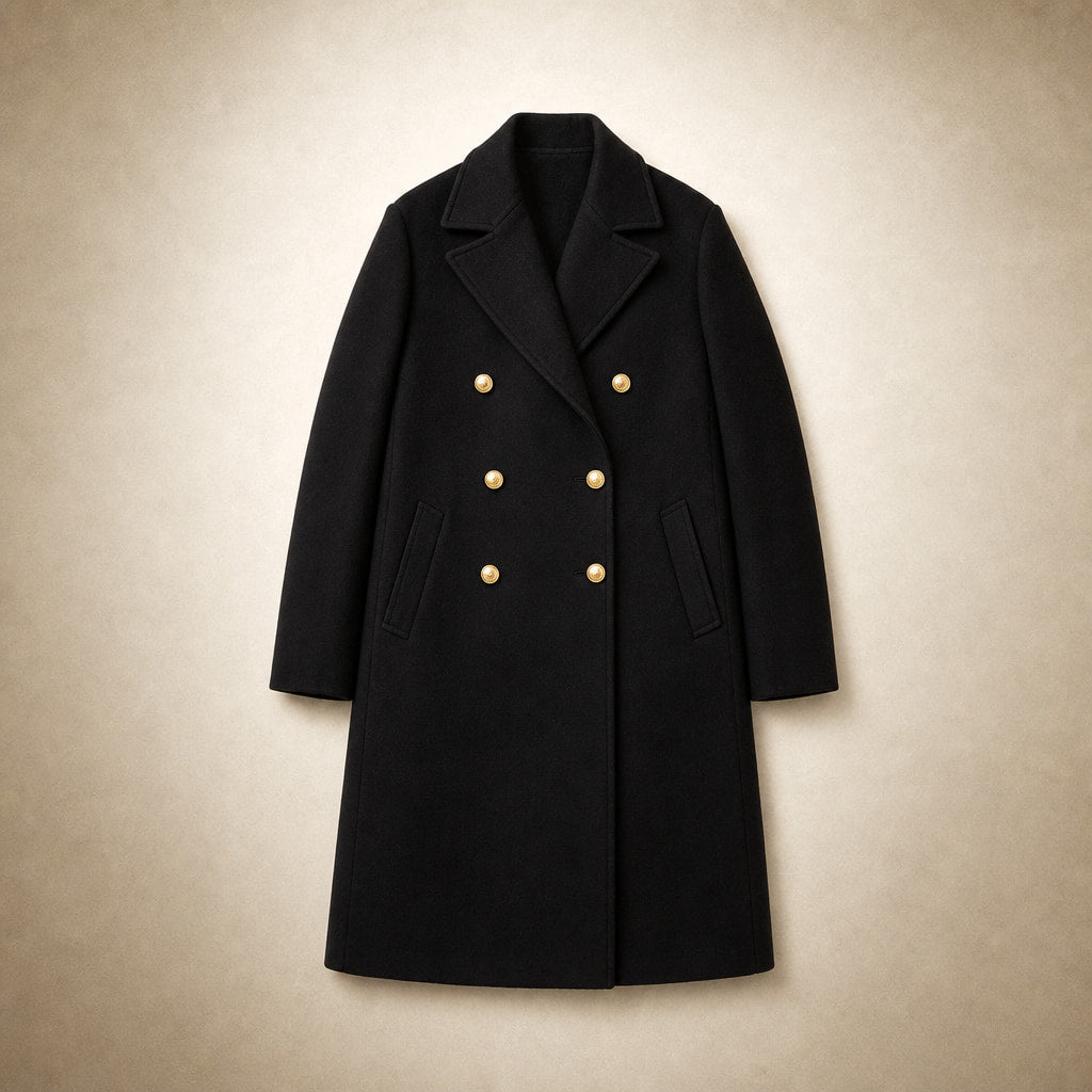 Women's Double-breasted Long Wool Coat Black – Flat Lay Product Photo