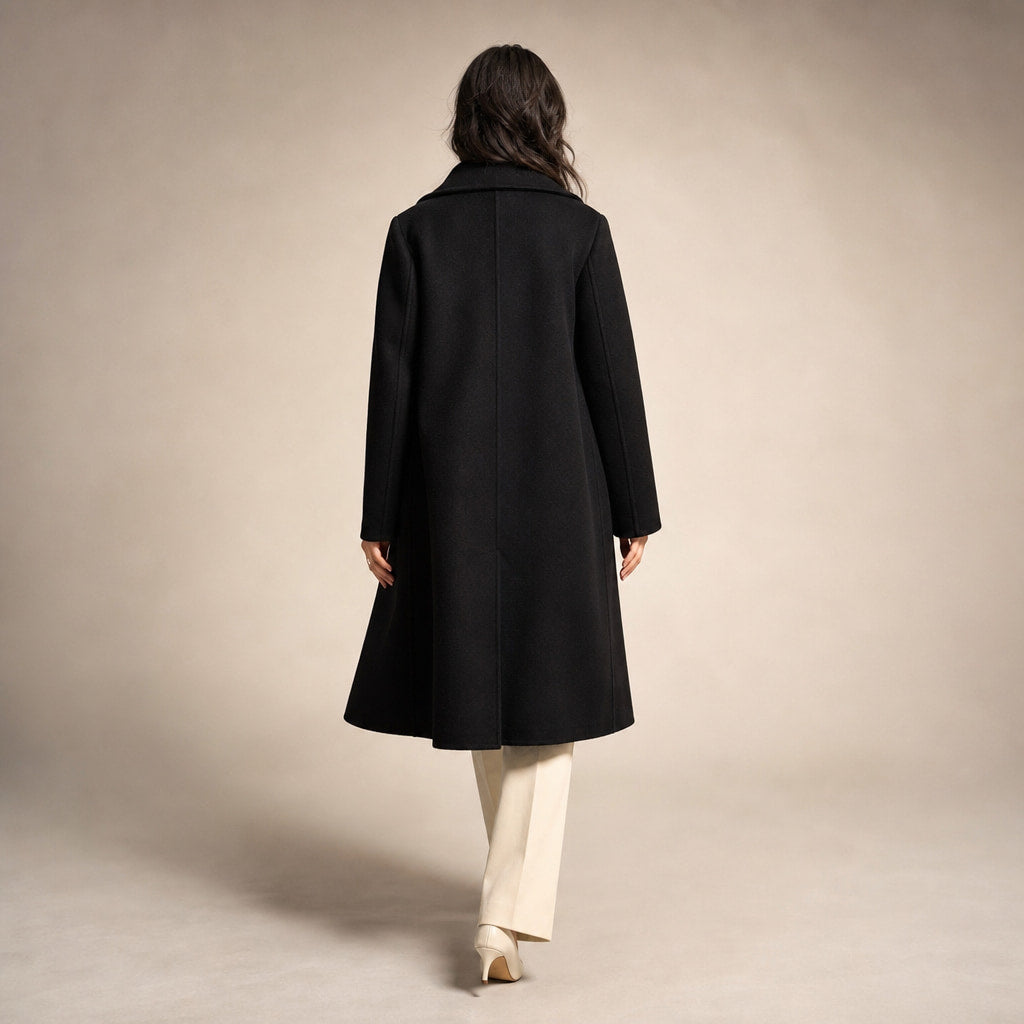 Women's Double-breasted Long Wool Coat Black – Full Look